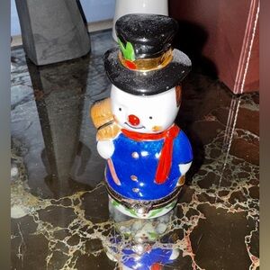 Festive Snowman Figurine with Blue Coat vintage